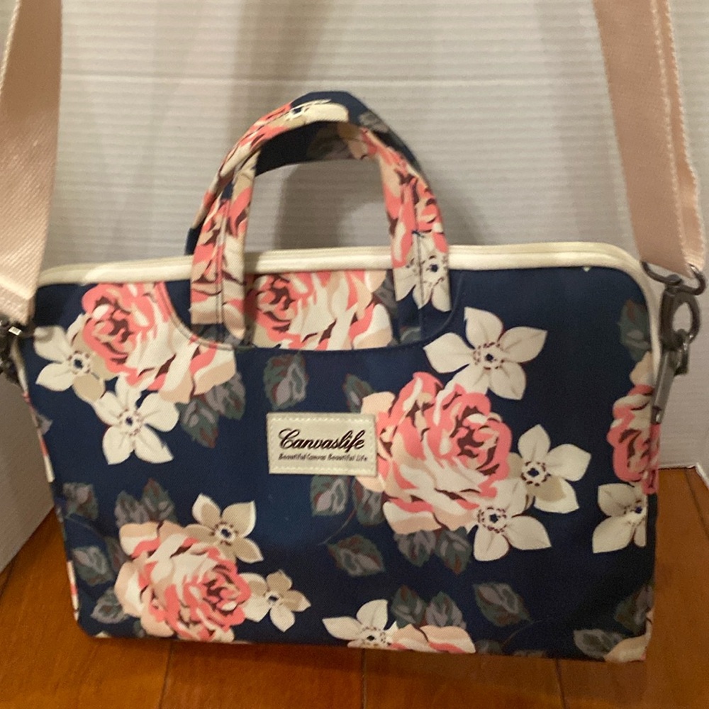 Canvaslife white rose floral laptop shoulder messenger bag case 14.5x 10”